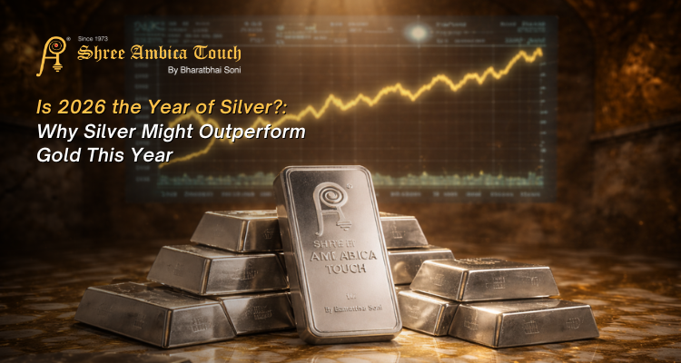 Silver bullion bars by Shree Ambica Touch with a rising price chart in the background, symbolizing silver’s strong investment outlook for 2026.