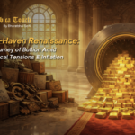 Open gold vault overflowing with gold bars inside a grand hall, stacked tariff crates and geopolitical tension elements on the left, symbolizing gold as a safe haven during inflation and trade conflicts in 2026.