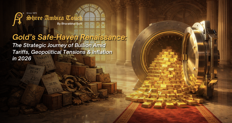 Open gold vault overflowing with gold bars inside a grand hall, stacked tariff crates and geopolitical tension elements on the left, symbolizing gold as a safe haven during inflation and trade conflicts in 2026.