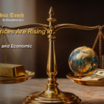 Gold price rise 2026 concept with balance scale showing gold bar vs global economy symbols representing economic uncertainty and investment trends.