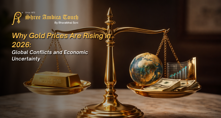Gold price rise 2026 concept with balance scale showing gold bar vs global economy symbols representing economic uncertainty and investment trends.