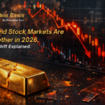 Gold bar with crack and falling stock market graph representing decline in gold and equities in 2026
