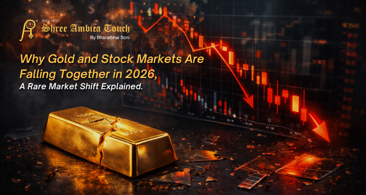 Gold bar with crack and falling stock market graph representing decline in gold and equities in 2026