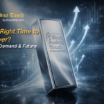 Silver bar with Shree Ambica Touch branding and upward market arrows representing silver investment growth trends in 2026