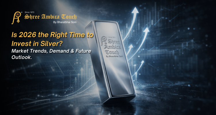 Silver bar with Shree Ambica Touch branding and upward market arrows representing silver investment growth trends in 2026