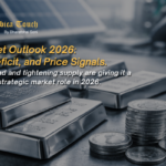 Silver bars and silver coins placed on an industrial metallic surface with the headline “Silver Market Outlook 2026: Demand, Deficit, and Price Signals” by Shree Ambica Touch.