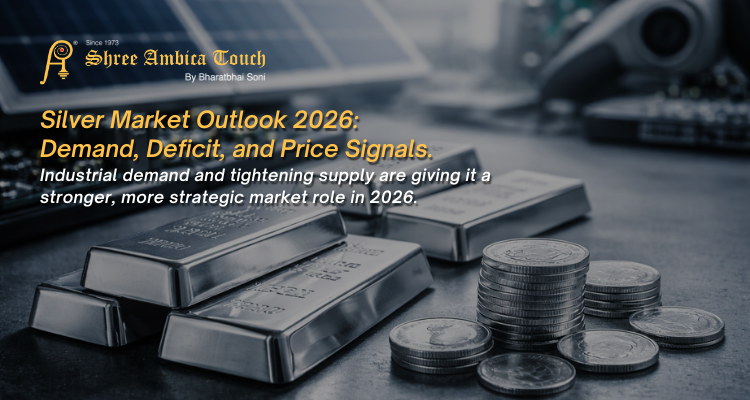 Silver bars and silver coins placed on an industrial metallic surface with the headline “Silver Market Outlook 2026: Demand, Deficit, and Price Signals” by Shree Ambica Touch.