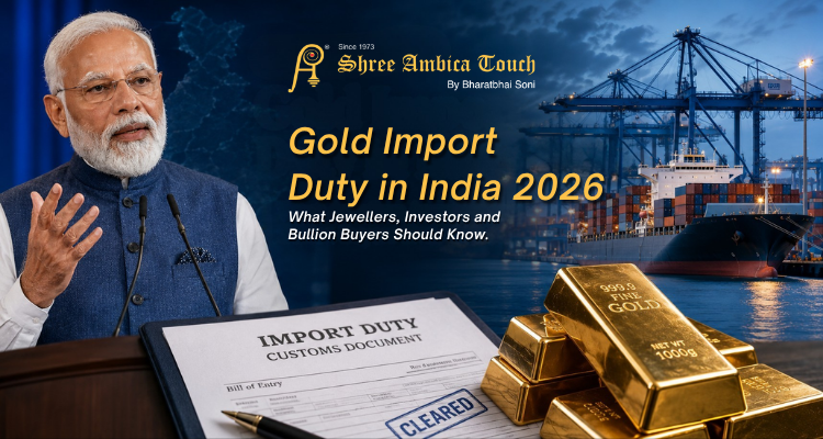 Gold Import Duty India 2026 featuring Prime Minister Narendra Modi, cargo ship, import customs document, and gold bullion bars representing India's gold import regulations.