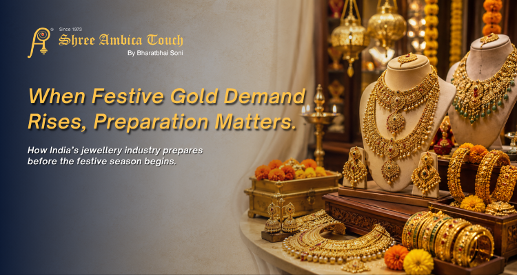 Festive gold jewellery display representing how India’s jewellery industry prepares for rising gold demand before the festive season.