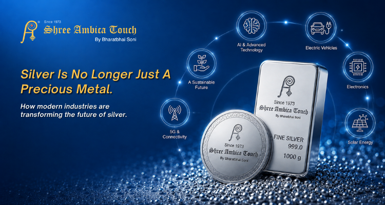 Silver bullion bar and coin by Shree Ambica Touch representing the growing use of silver in AI, electric vehicles, electronics, solar energy, 5G connectivity and sustainable technologies.